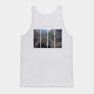 Wonderful landscapes in Norway. Vestland. Beautiful scenery of Trollstigen winding roads and valley on the Geiranger Trollstigen scenic route at midnight sun. Snowed mountains, stream Tank Top